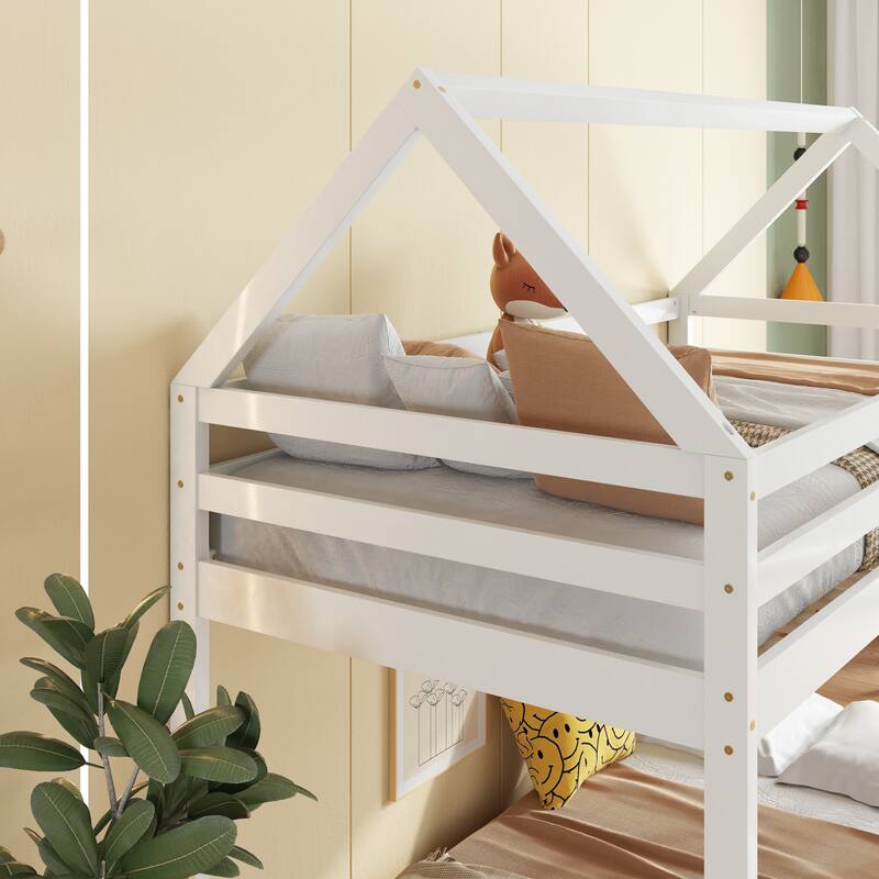 House-Themed Wooden Bunk Bed with Roof, Guardrails & Low Ladder for Twin Size Mattress