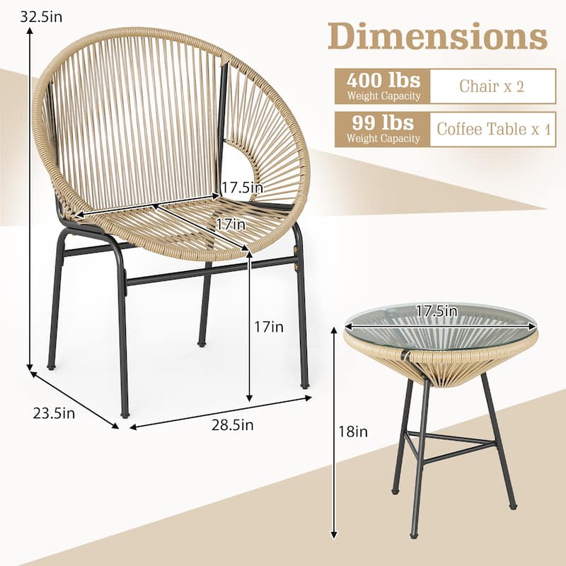 Gymax 3-Piece Wicker Patio Bistro SetOutdoor Acapulco Chairs and