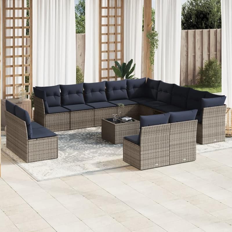 vidaXL Patio Sofa Set with Cushions Outdoor Conversation Furniture Poly Rattan - 21.7" x 24.4" x 27.2" - Beige and gray with table