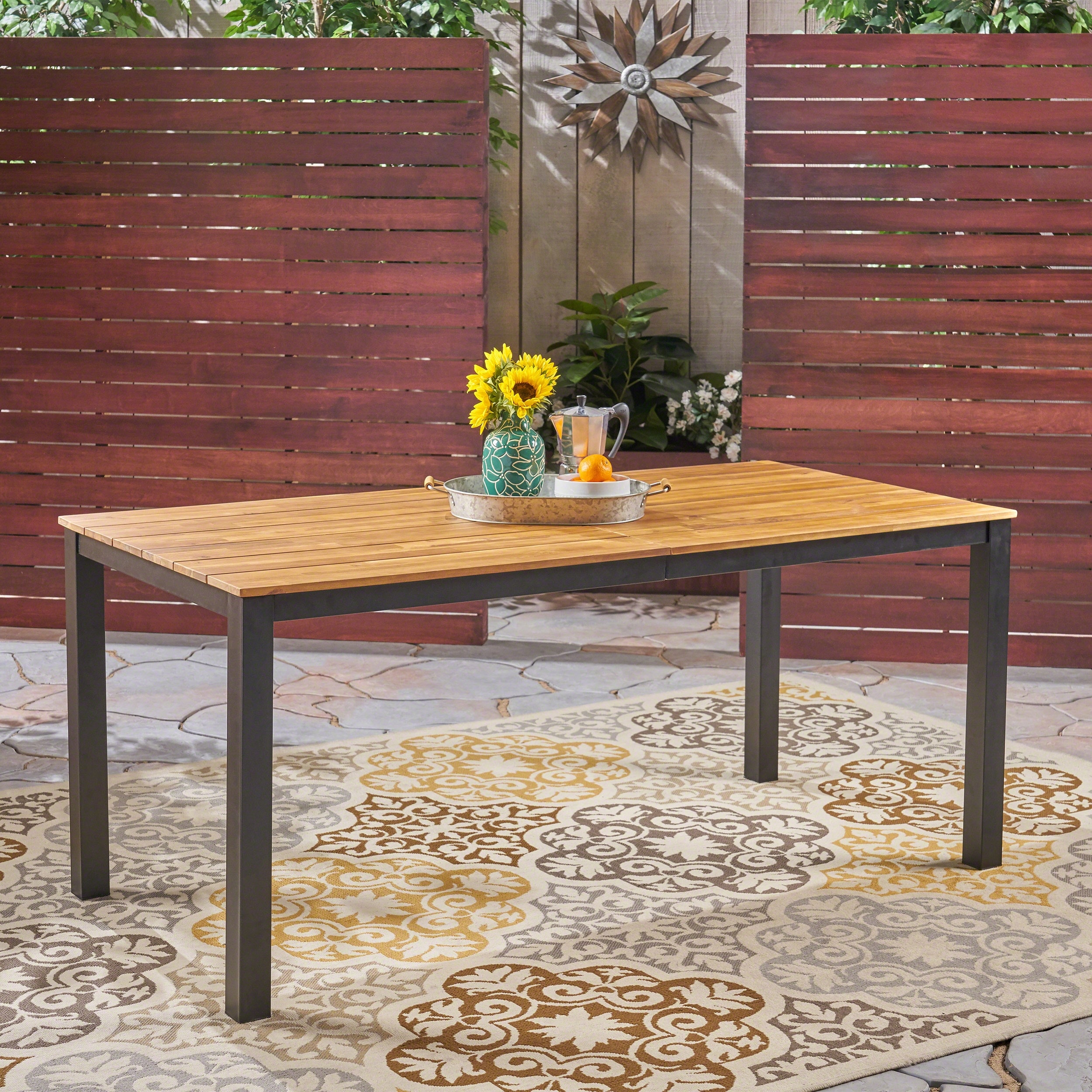 Roomfitters Rectangular Outdoor Dining Table, 71" Acacia Wood Farmhouse Patio Table, Black Metal Frame