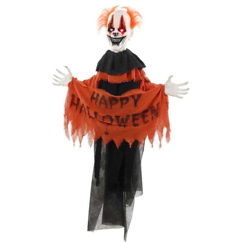 Haunted Hill Farm Twister the Clown Animatronic Tree Hugger with Movement, Sounds, and Light-Up Eyes for Halloween Decoration