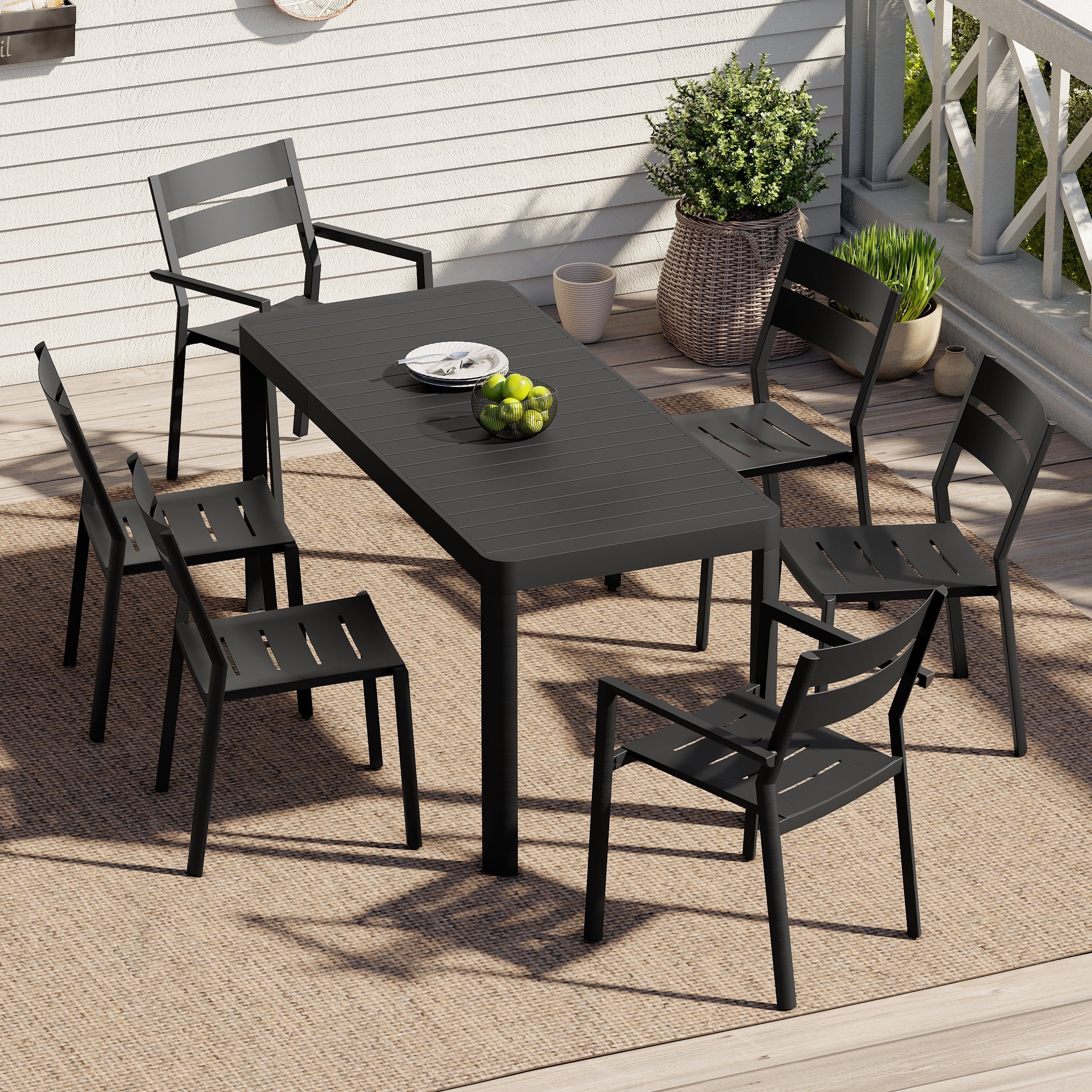 7-Piece Outdoor Patio Dining Set Expandable Rectangular Aluminum Dining Table and Stackable Chairs