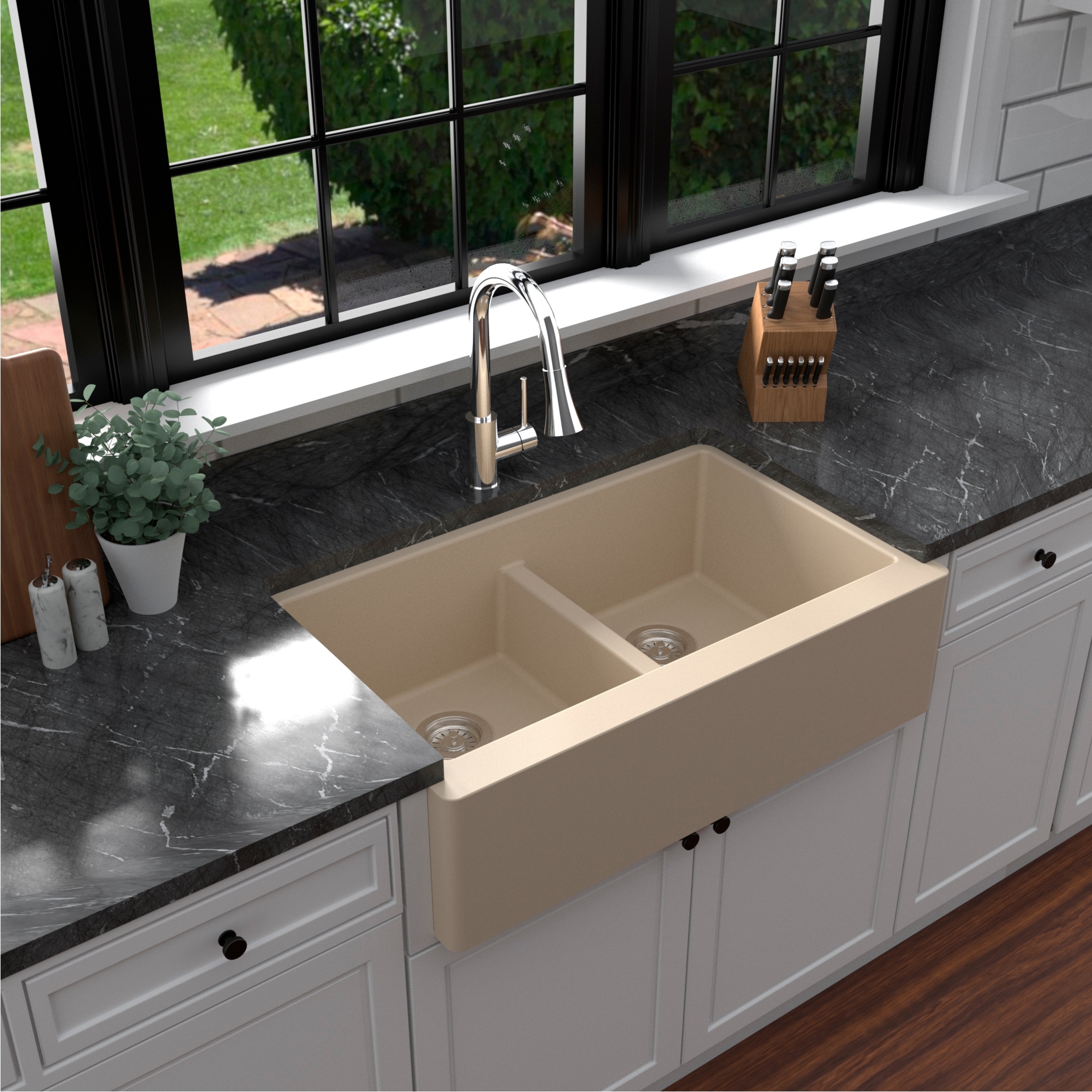 Karran Farmhouse Apron Front Quartz Double Bowl Kitchen Sink ...