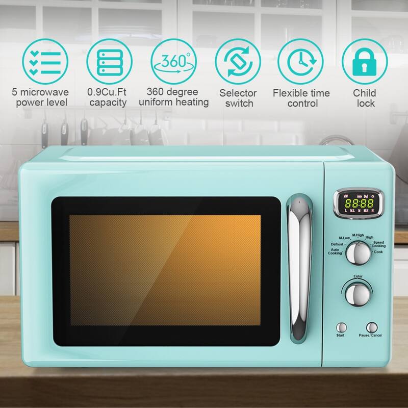 0.9 Cu Ft Microwave Oven with 360 Degree Rotating Glass Turntable and 5 Cooking Modes Child Safety Lock - 19.5" x 14" x 11"