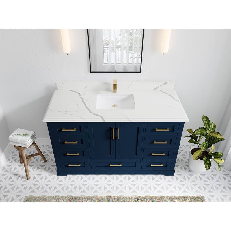 Willow Collection 60 in W x 22 in D x 36 in H Boston Single Bowl Sink Bathroom Vanity with Countertop - 1.5"Calacatta - Navy Blue