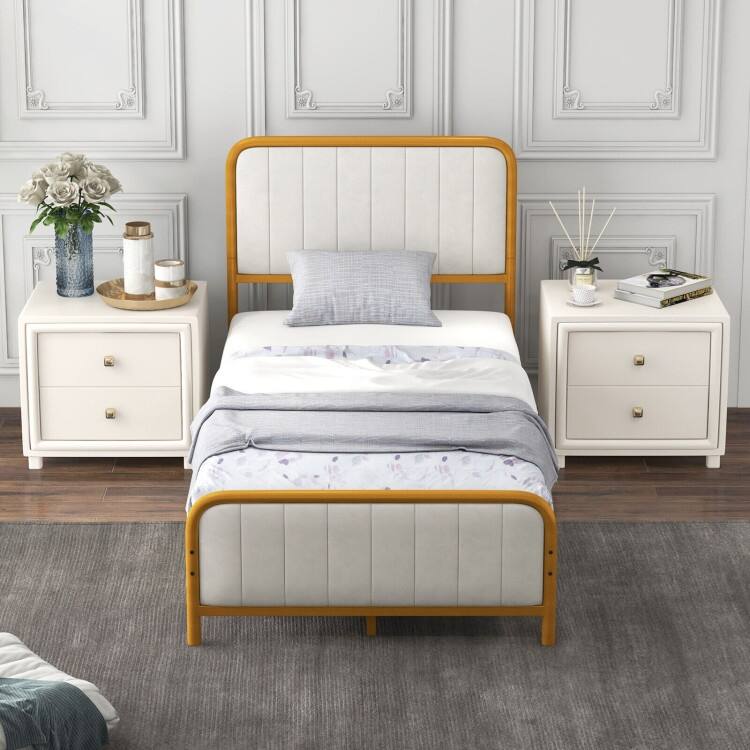 Upholstered Gold Platform Bed Frame with Velvet Headboard