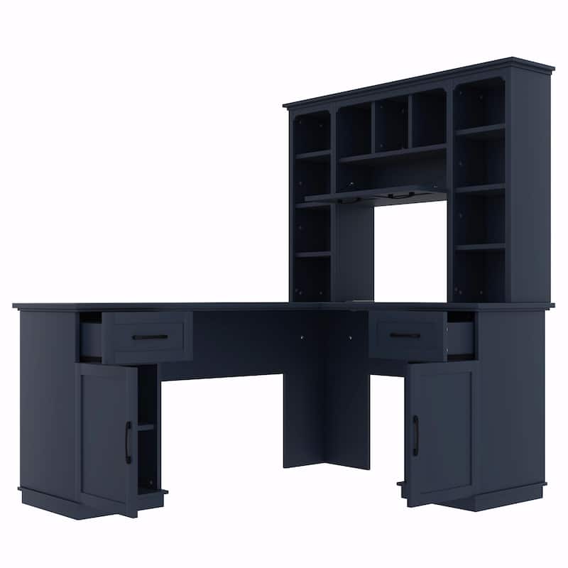 L-Shaped Computer Desk with 2 Cabinets, 2 Drawers, 11 Open Shelves and a Flip-Up Shelf with Storage on the Right Side