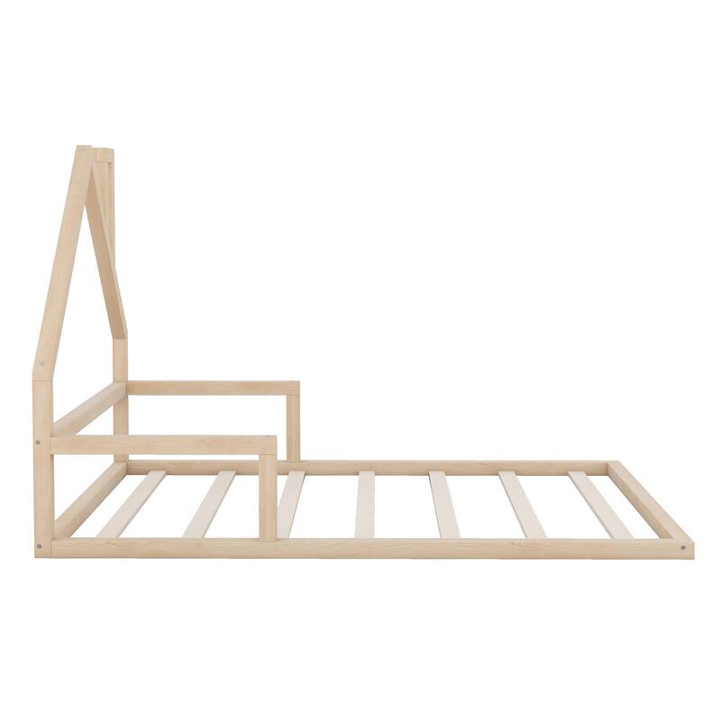 Full Size House Headboard Floor Bed, No Box Spring Needed, Durable Wood Frame