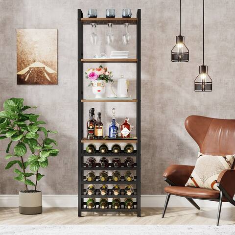 Freestanding Wine Rack with Glass Holder and Storage Shelves, 20 Bottle Wine Bakers Rack for Home Kitchen, Dining Room, Brown