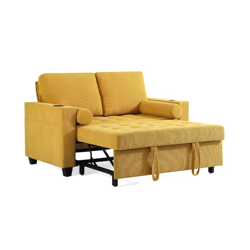 3-in-1 Corduroy Sleeper Sofa Pull-Out Bed Convertible Adjustable Loveseat with USB Port