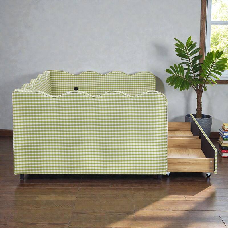 Full Size Gingham Upholstered Daybed with USB Port, Two Storage Drawers and Wave Shaped Design