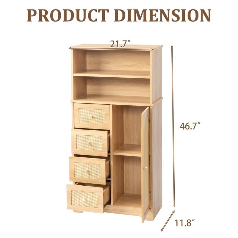 Oak Bathroom Storage Cabinet 4 Tier 1 Door 4 Drawers with Rattan Surface
