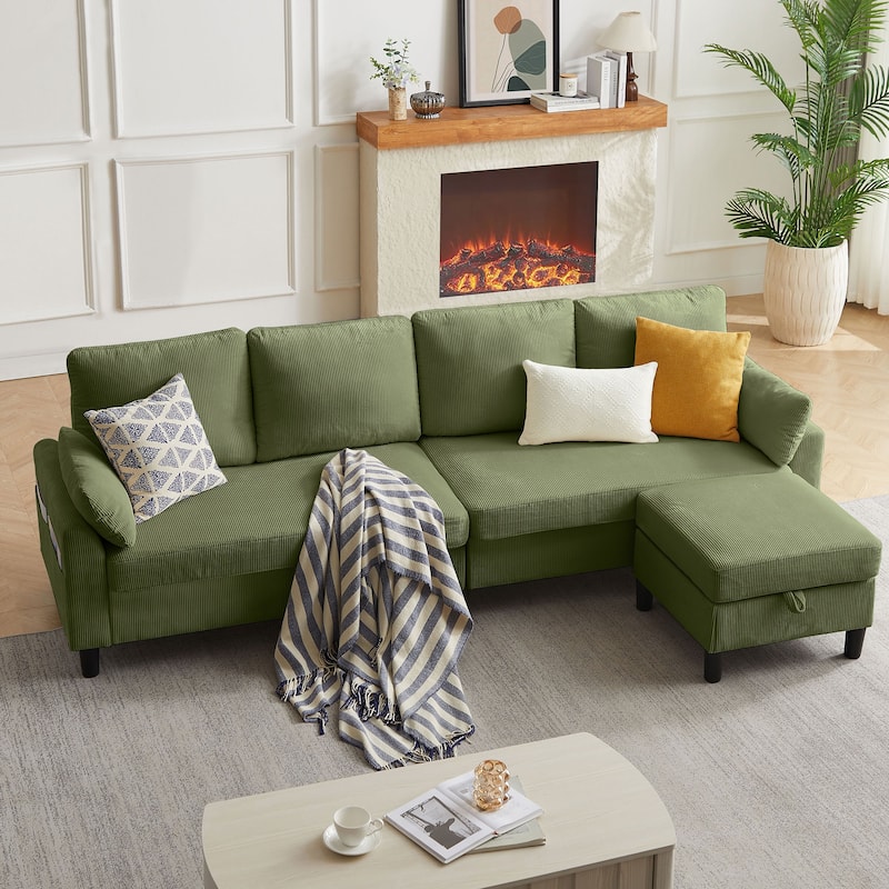 100.79" Corduroy L shaped Pillow Top Arm Sofa With Storage Bag