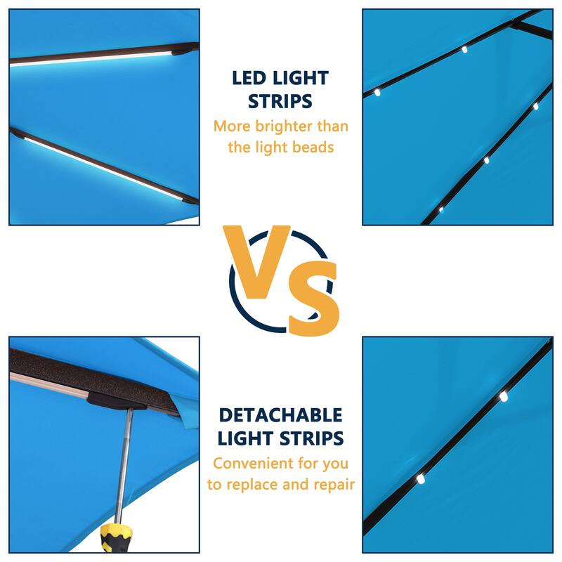 15 Ft Outdoor Solar Detachable Lights Rectangular Crank Market Umbrella with Base
