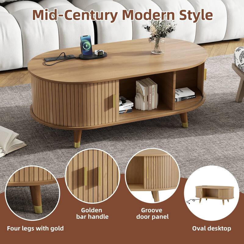 42.5"W Wooden Oval Fluted Coffee Table with Charging Station, Mid-Century Center Table with Sliding Tambour Door