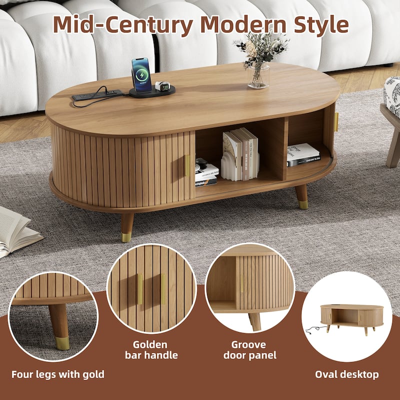 Mid-Century 42.5" Oval Coffee Table with Charging Station and Sliding Doors for Modern Living Room Decor