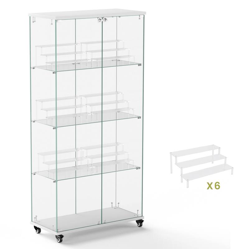 4 Tier Glass Display Cabinet, Double Door Glass Cabinet with Two Locks, Floor Standing Storage Cabinet with 6 Acrylic Shelves