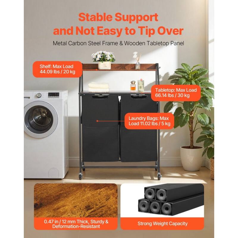 Black Laundry Hamper Sorter on Wheels and 2 Fabric Bags and Wooden Shelves for Home Storage - 27.56 x 12.99 x 41.14 in