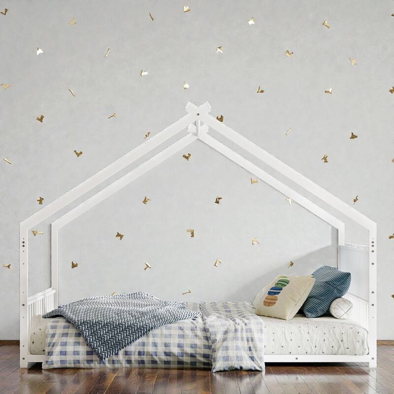 House Bed Frame with Roof & Colorful LED Lights, Metal Kids Floor Bed with Slats, Boys Girls Teens Canopy Bed, No Box Spring