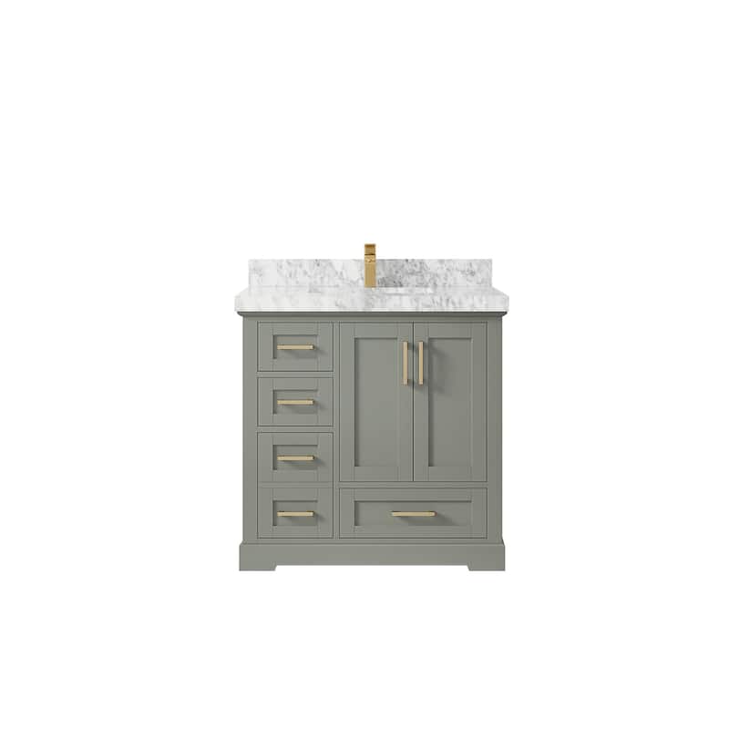 Willow Collections 36 x 22 Boston Center Sink Right Bathroom Vanity with Countertop - 2"Carrara Marble - Evergreen