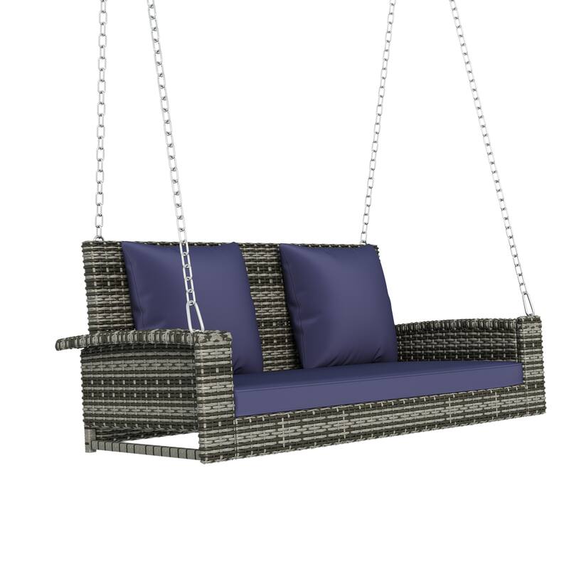 2-Person Wicker Hanging Porch Swing with Chains, Cushion & Pillow
