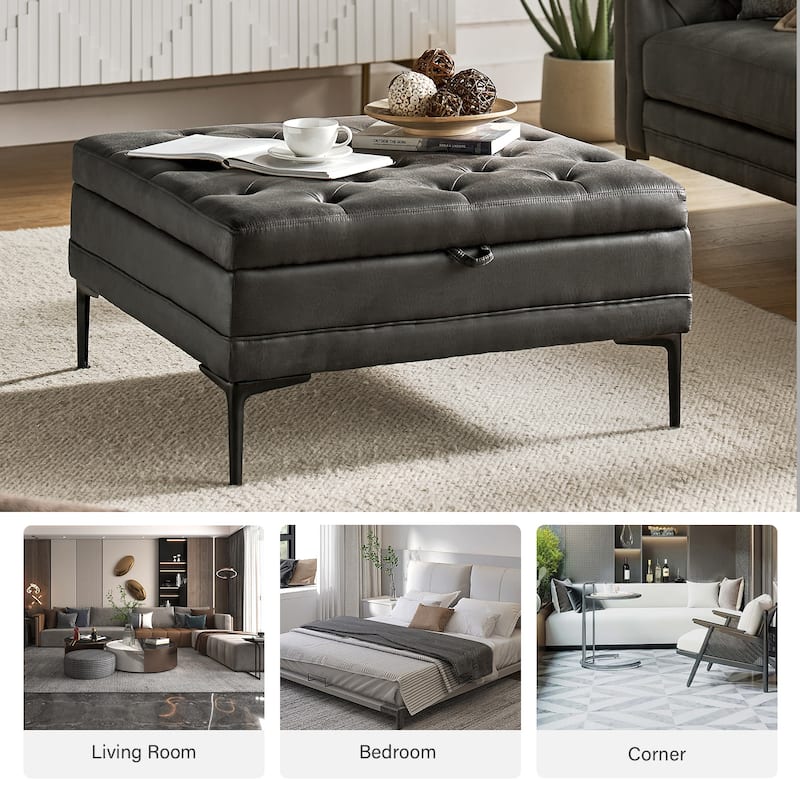 Geoffrev Transitional Lift Top Storage Button-Tufted Cocktail Ottoman by HULALA HOME