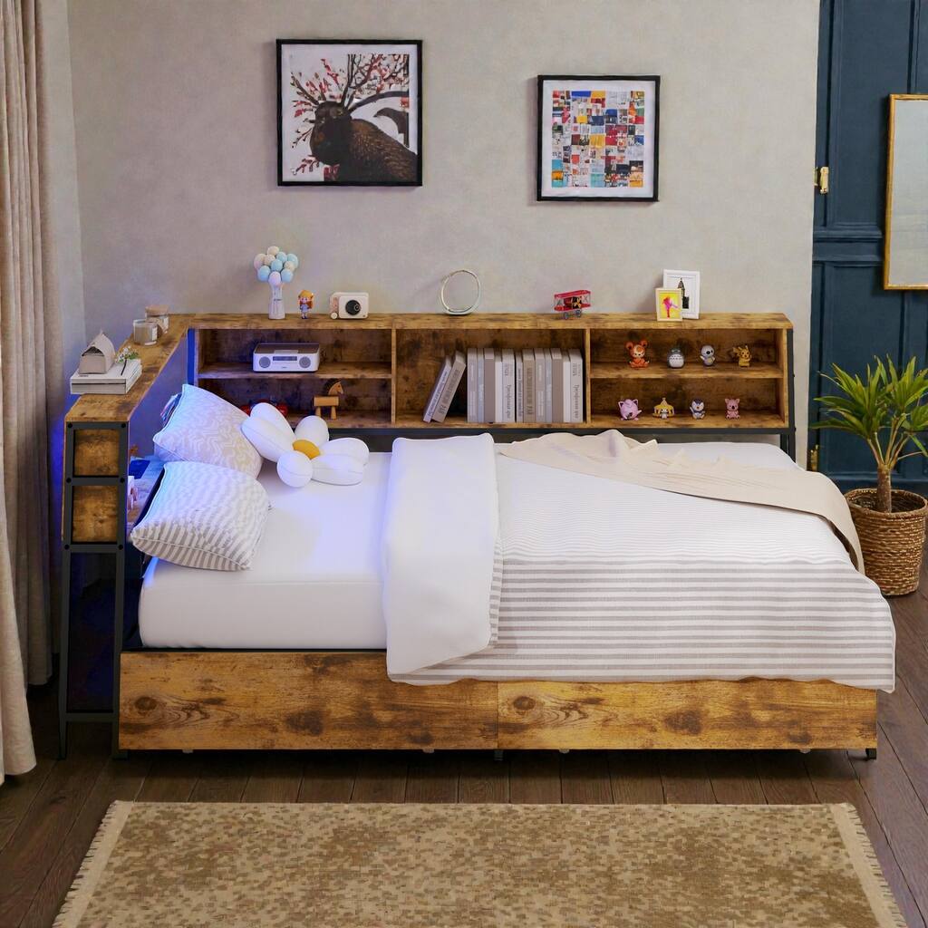 Twin Corner Bed Frame with Bookcase Storage, Drawers, Charging Station & LED Lights, Space-Saving Kids Daybed Unit
