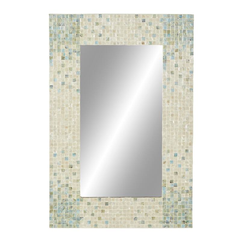 Cream Mother of Pearl Shell Handmade Mosaic Room Wall Mirror with Blue Corners