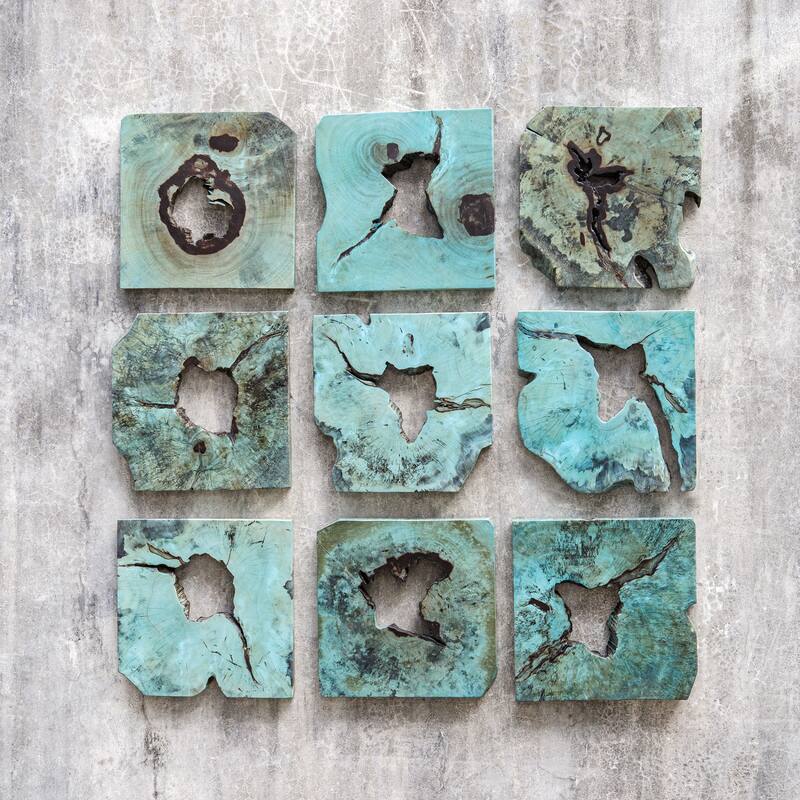 Tamarind Wood Cross Section Wall Art - 16" - Blue-Green - Set of 9