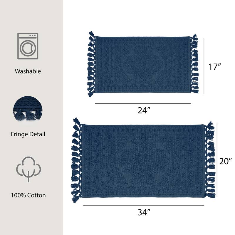 French Connection Nellore Fringe Cotton Bath Rug - 17x24/20x34 - Navy