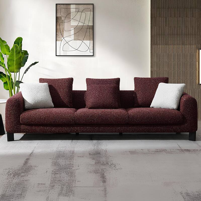 Tweed Fabric Upholstered Sofa with 3 Pillows in Maroon