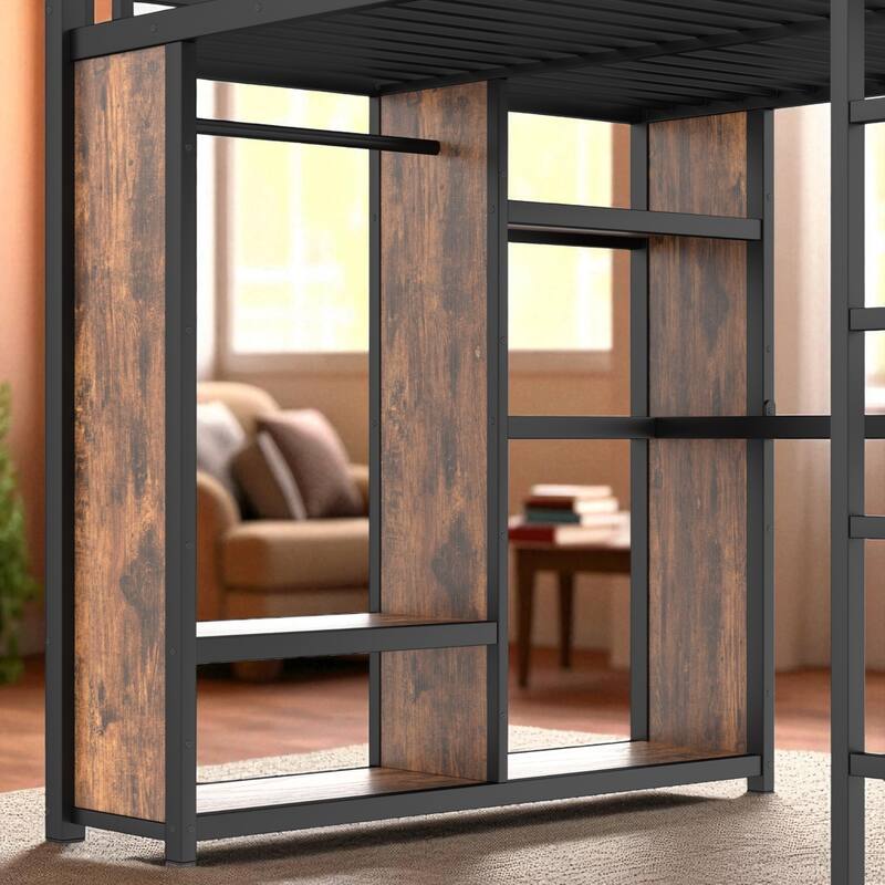 Queen Size Metal Loft Bed with Desk, Wardrobe, and Storage Shelves, Space-Saving Workstation Loft Bed Frame