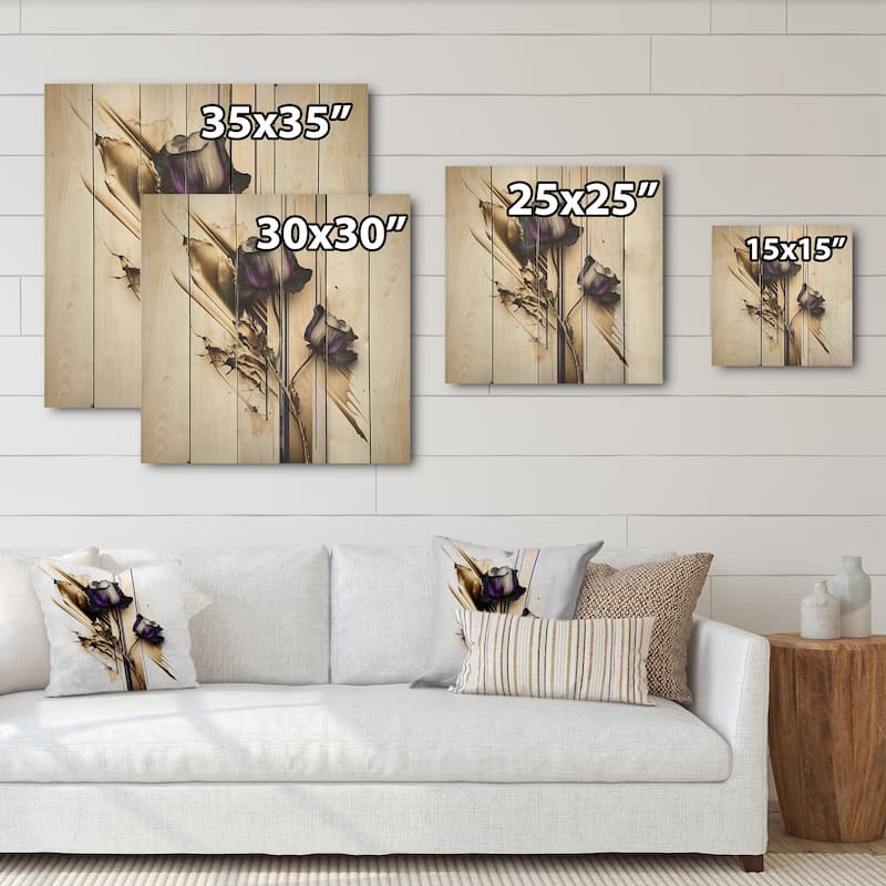 Designart 'Purple Flower Flower On Abstract Paint II' Floral Wood Wall Art - Natural Pine Wood
