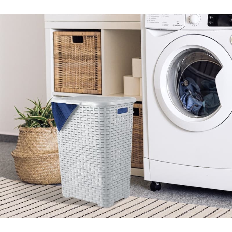 Superio Plastic Wicker Laundry Hamper with Lid Large Capacity - Capacity: 60l - Grey/Off-White