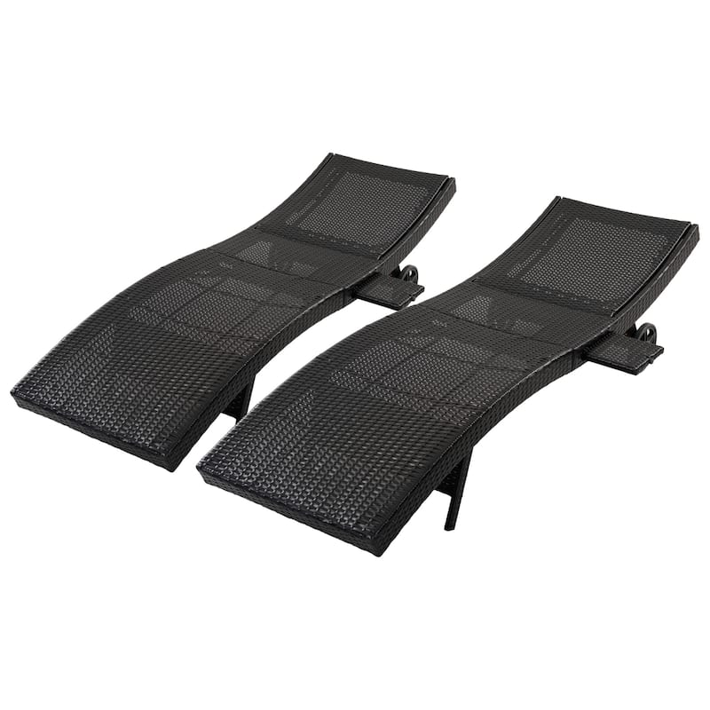 80"Patio Chaise Lounge Chairs Set of 2, Rattan Reclining Chair w/Rolling Wheels & Pull-out Side Table, Adjustable Backrest