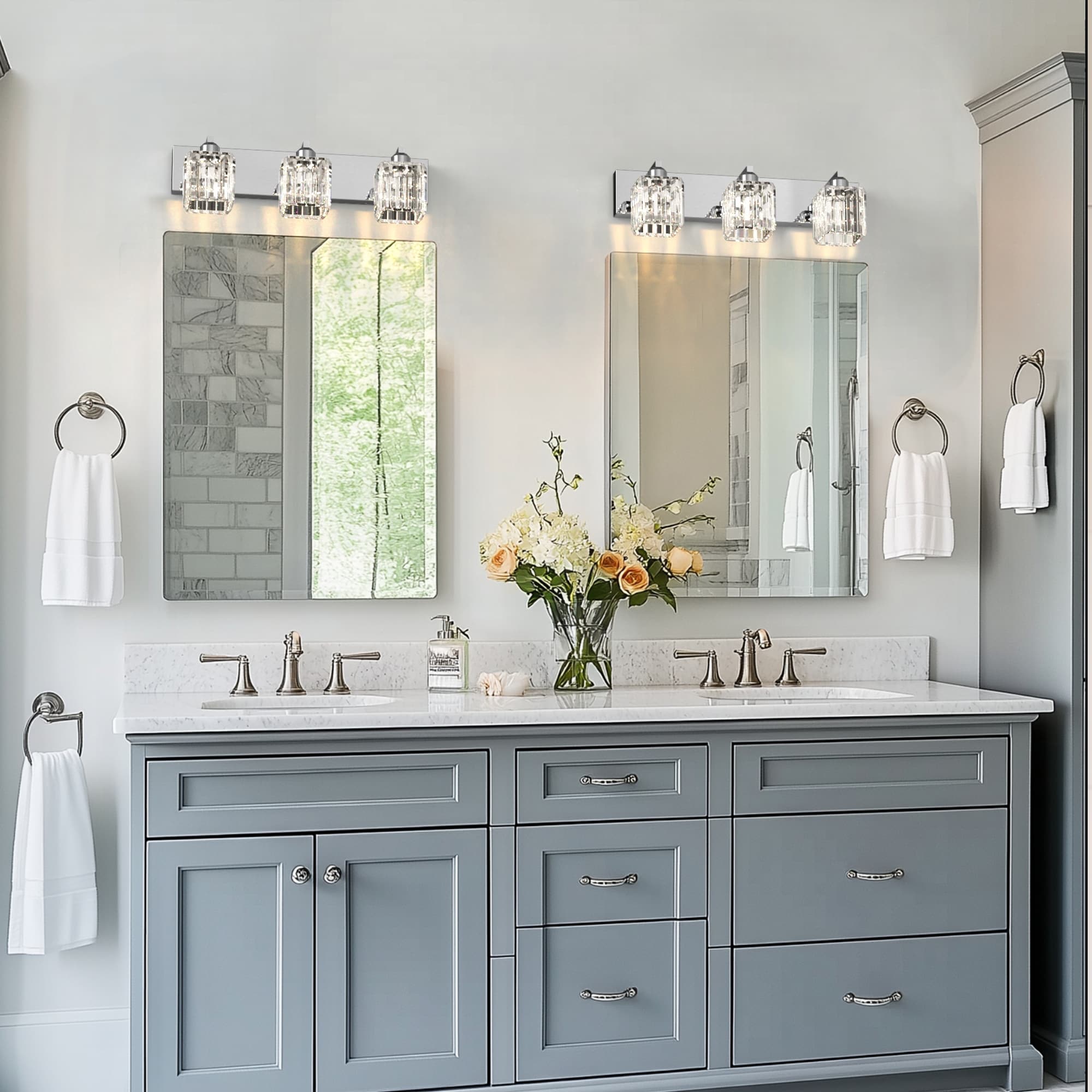 YNSUN 3-Light Industrial Chrome Square Bathroom Vanity Light with
