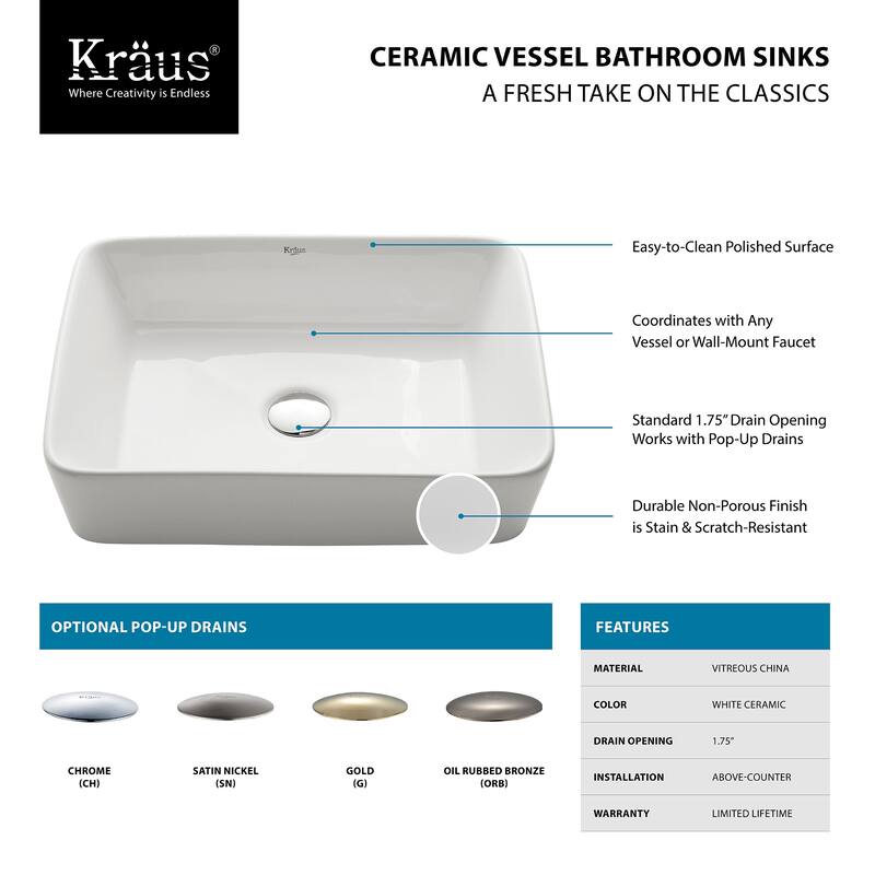 Kraus Elavo 19 inch Rectangle Porcelain Ceramic Vessel Bathroom Sink
