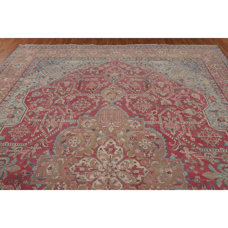 Pink Distressed Tabriz Persian Vintage Area Rug Handmade Wool Carpet - 9'9" x 12'11"