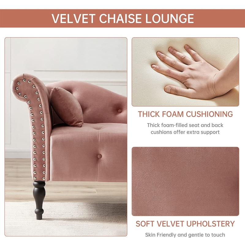 60"W Velvet Chaise Lounge, Tufted with Pillow & Nailhead Decorate - 60.6W" x 27.5D" x 28.3"H