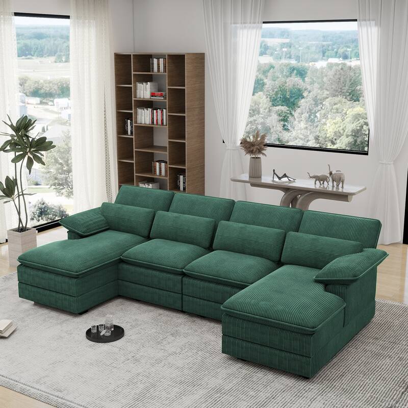 111.8" U-Shaped Cloud Sectional, 4-Seater Corduroy Upholstered Sectional with Recliner and Cushions