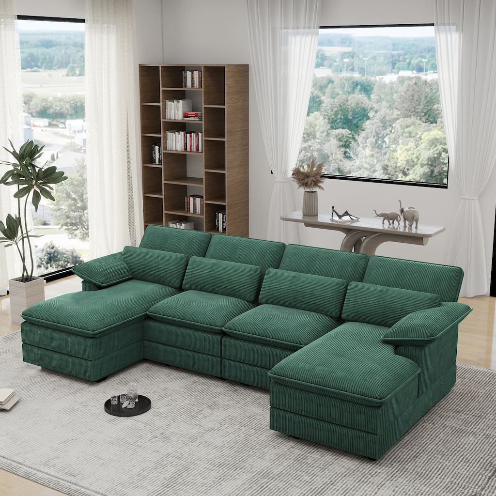 111.8" U-Shaped Cloud Sectional, 4-Seater Corduroy Upholstered Sectional with Recliner and Cushions
