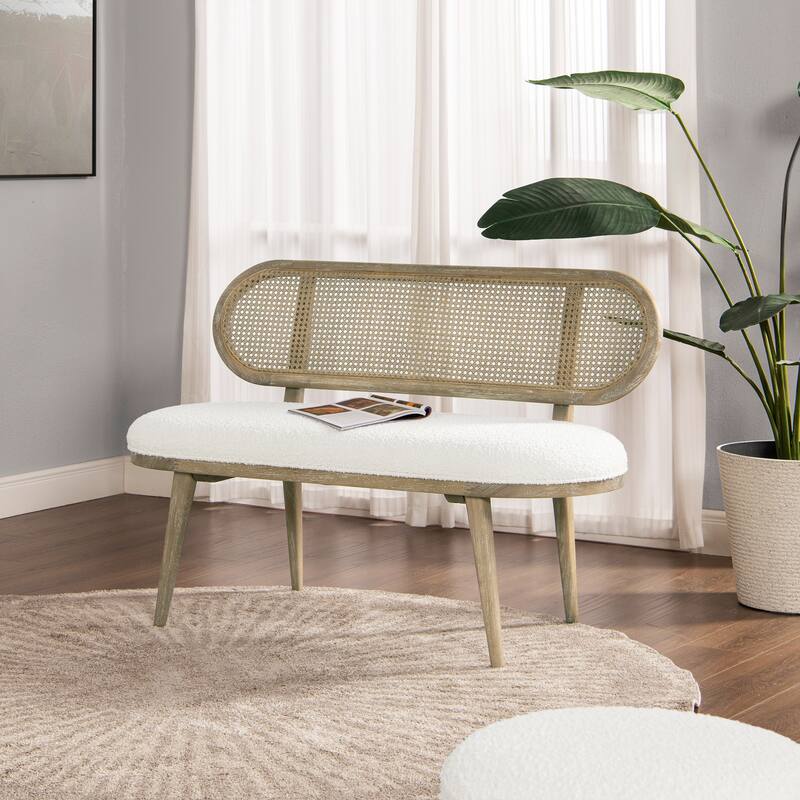 Havana 48" Boucle Sherpa Cane Rattan Upholstered Bench Settee
