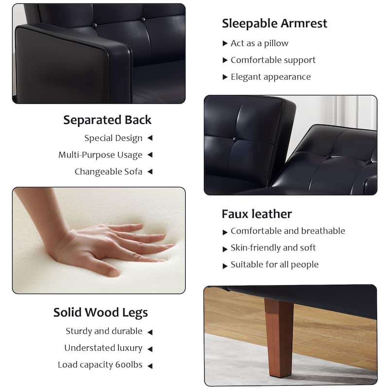 Futon Sofa Bed, Faux Leather Memory Foam Couch,Modern Convertible Love seat for Compact Living Room
