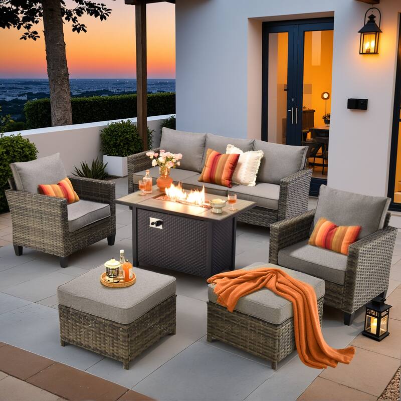 OVIOS 6 Pieces Patio Furniture Set with Fire Pit - DarkGrey
