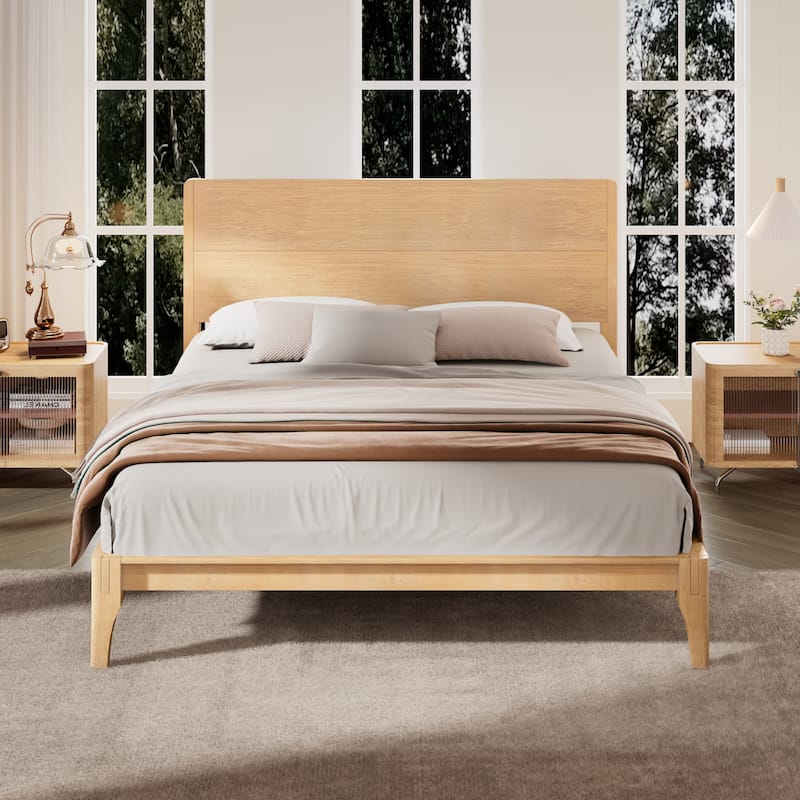 Bamboo Wood Platform Bed/Mid-Century Modern Bed Frame with Tall Headboard/Wood Slat Support/No Box Spring Needed/Easy Assembly - Natural - Queen