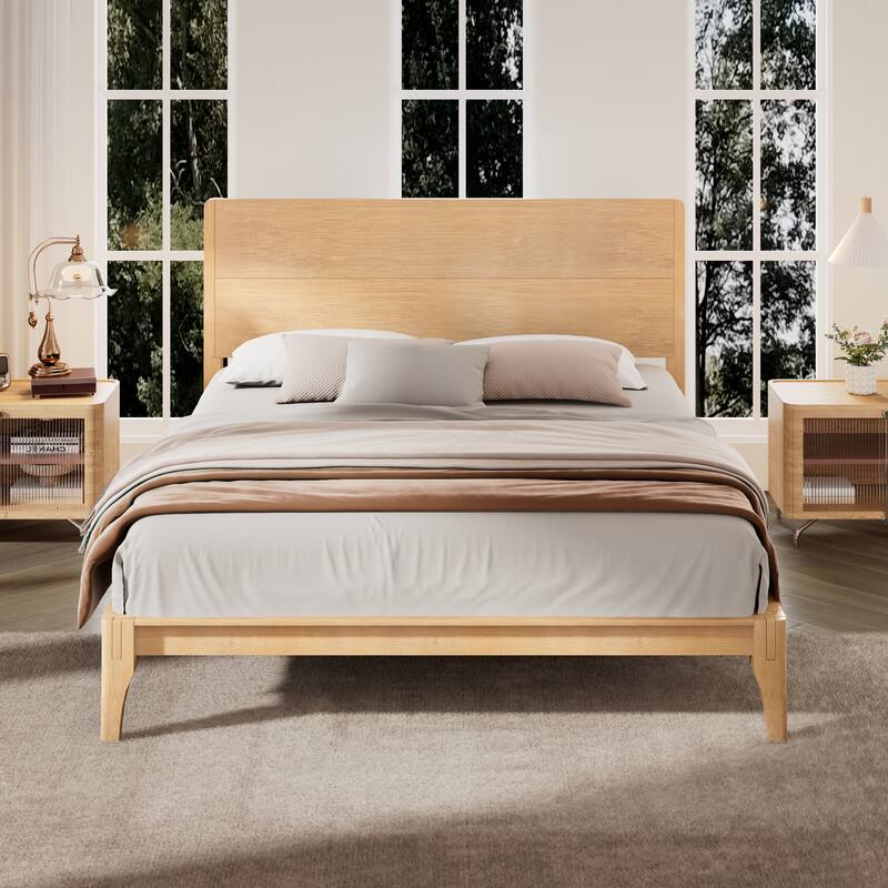 Classic Platform Bed Wood Wingback Bed Bamboo Panel Headboard Bed with Wood Slat Support, No Box Spring Needed