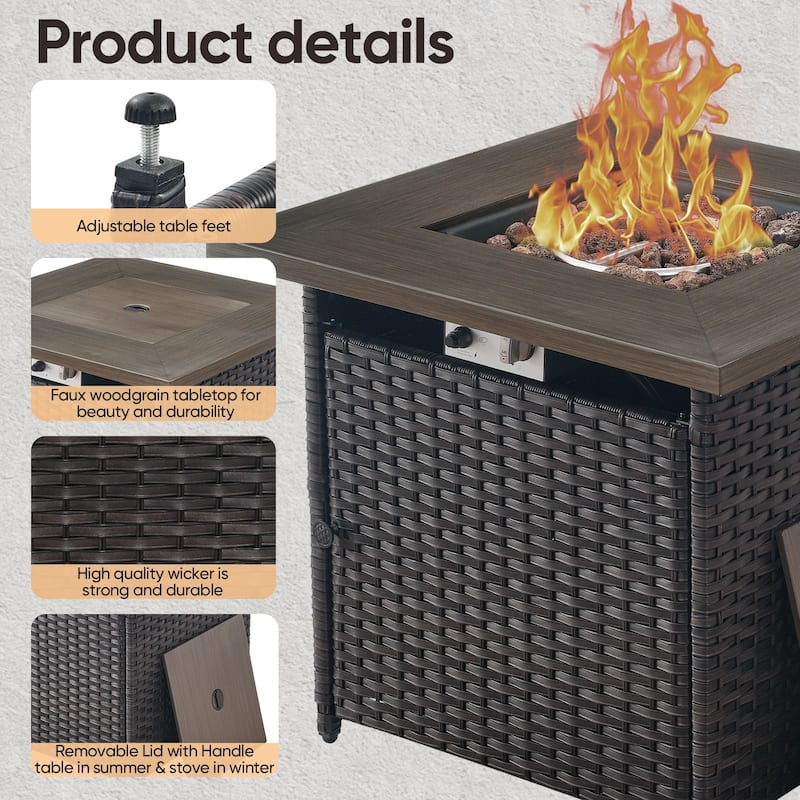 Outdoor Propane Fire Pit Table - 55000 BTU, Adjustable Flames - Square