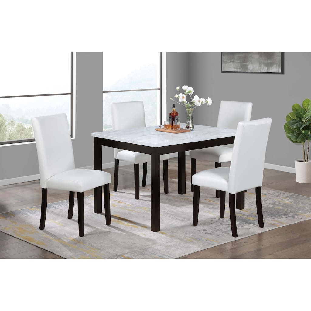 Modern Faux Marble top Table 4x Side Chairs Faux Leather Upholstered 5pc Dining Set
