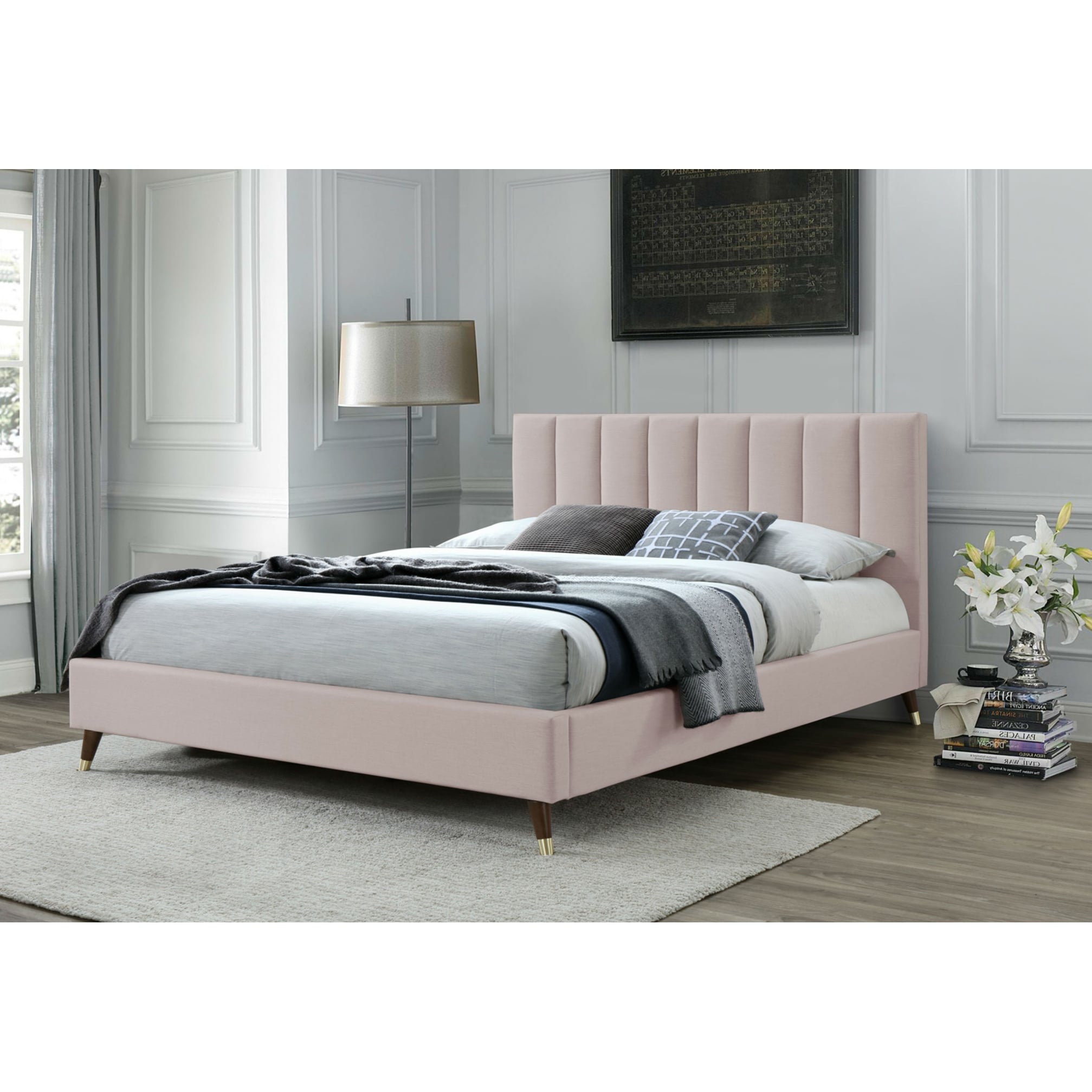 Modern Jazelle Queen Bed in Blush Pink Velvet Upholstery