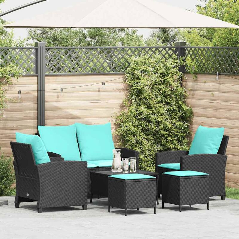 vidaXL 6 Piece Patio Sofa Set with Cushions Black/Brown/Gray Poly Rattan - Black and blue Glass